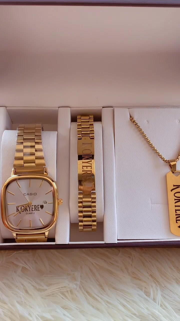 Gold Engraved Watch Set, handmade custom watches by Star Beads